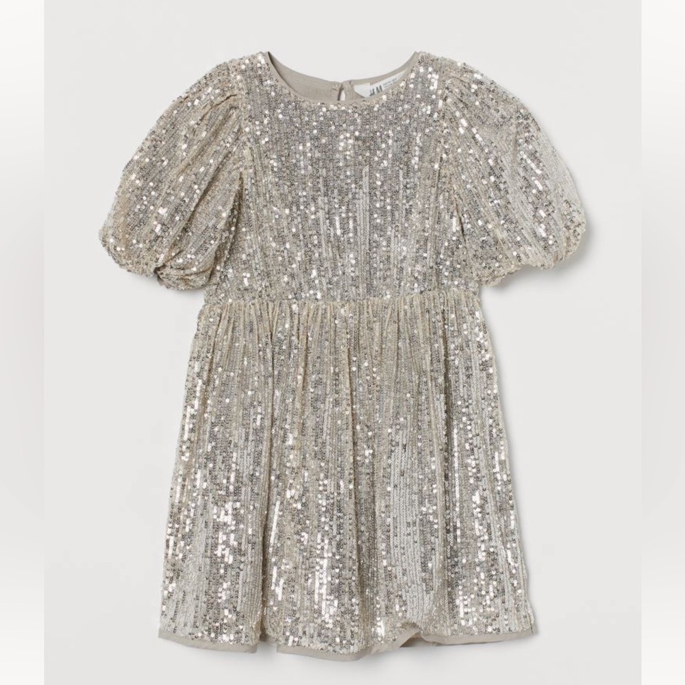 NEW with Tags H&M Girls Puff Sleeved Sequins Dress, Size 8-9